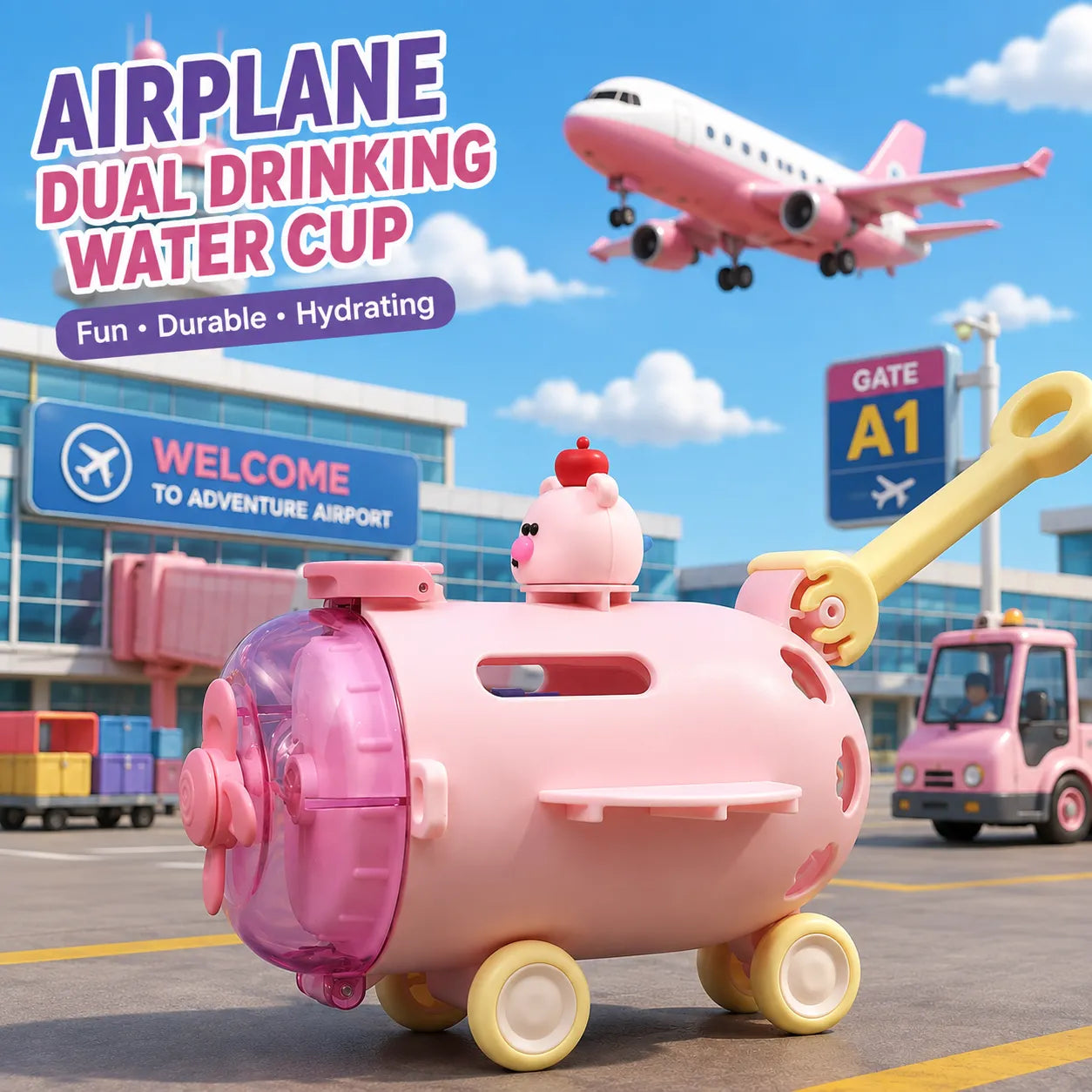 Airplane Explorer Kids Water Bottle with Straw | Double Water Cup for School