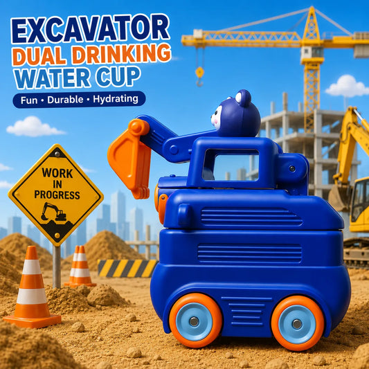 Excavator Kids Water Bottle with Straw | Double Water Cup for School