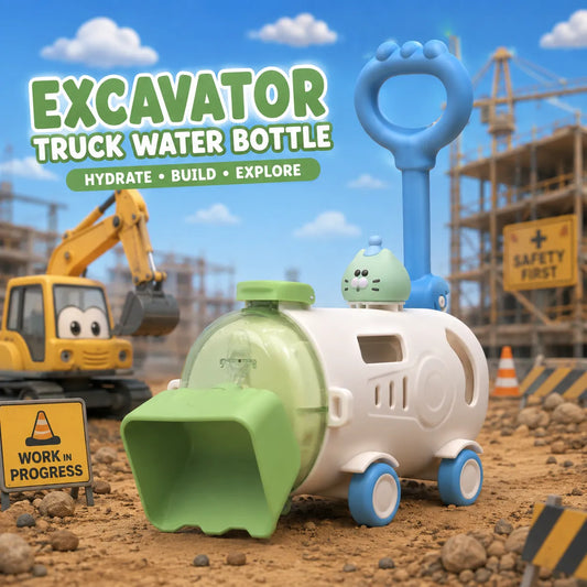 Excavator Truck Kids Water Bottle with Straw | Double Water Cup for School