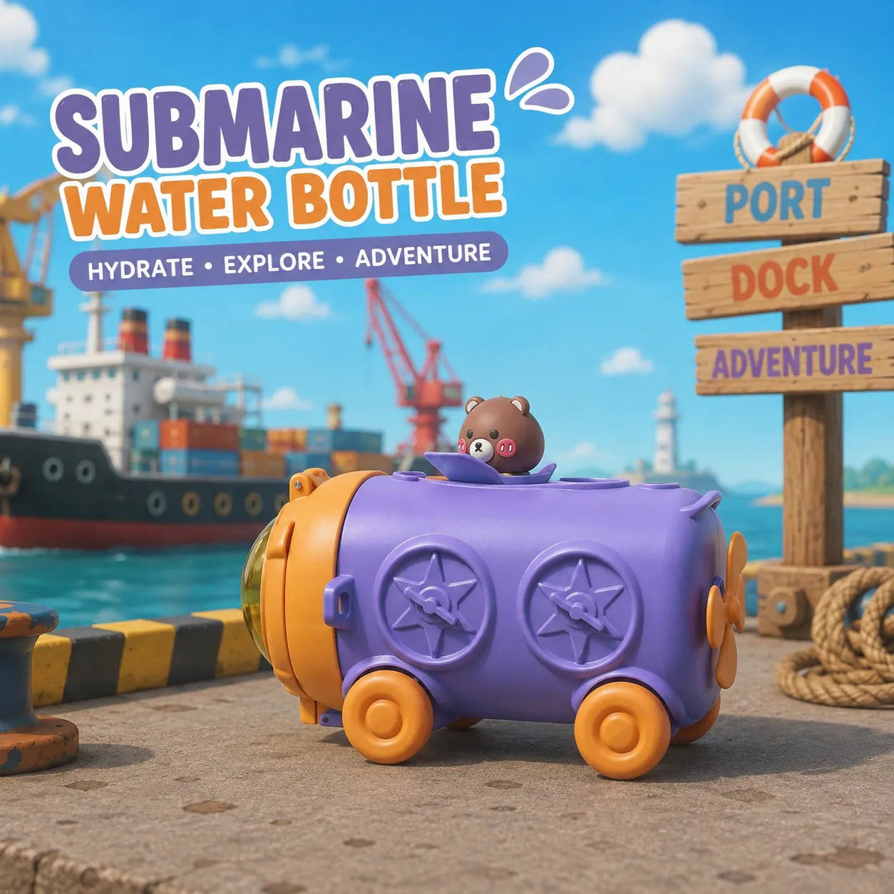 Bunny Submarine Kids Water Bottle with Straw | Double Water Cup for School