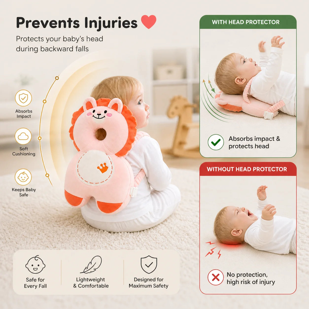 Baby safety pillow with lion design and text highlighting its benefits